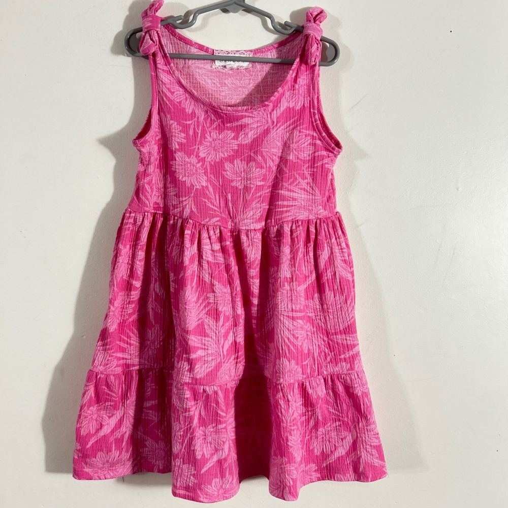btween Tiered Dress Kids 6X Pink Floral Tropical Shoulder Knot Boho
